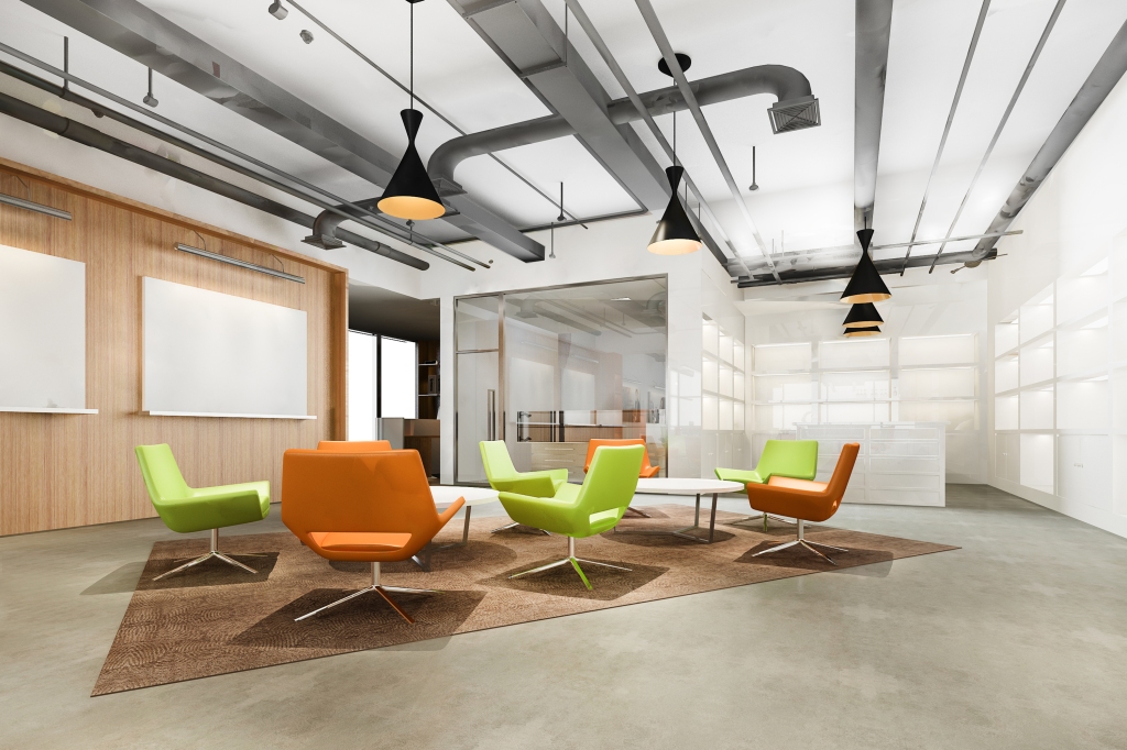 Free photo 3d rendering modern loft office lounge in co working space